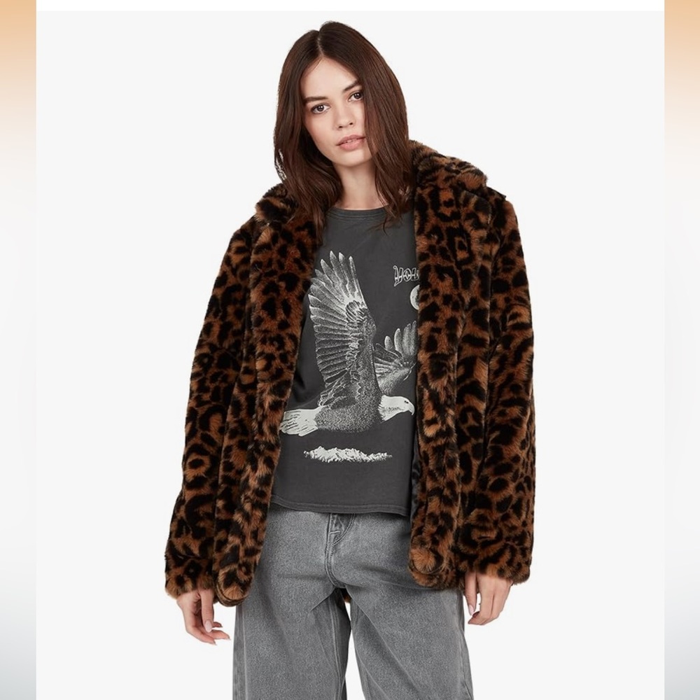 Volcom Stonewild Leopard Print Faux Fur Coat - Picture 2 of 7